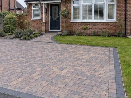 A brindle block paved drive finished in front of a bungalow, with a contrasting border course