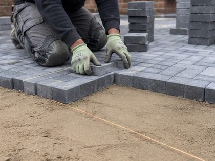 Blocks being set onto a screeded sand bed against the laid edge course, a string line across the work